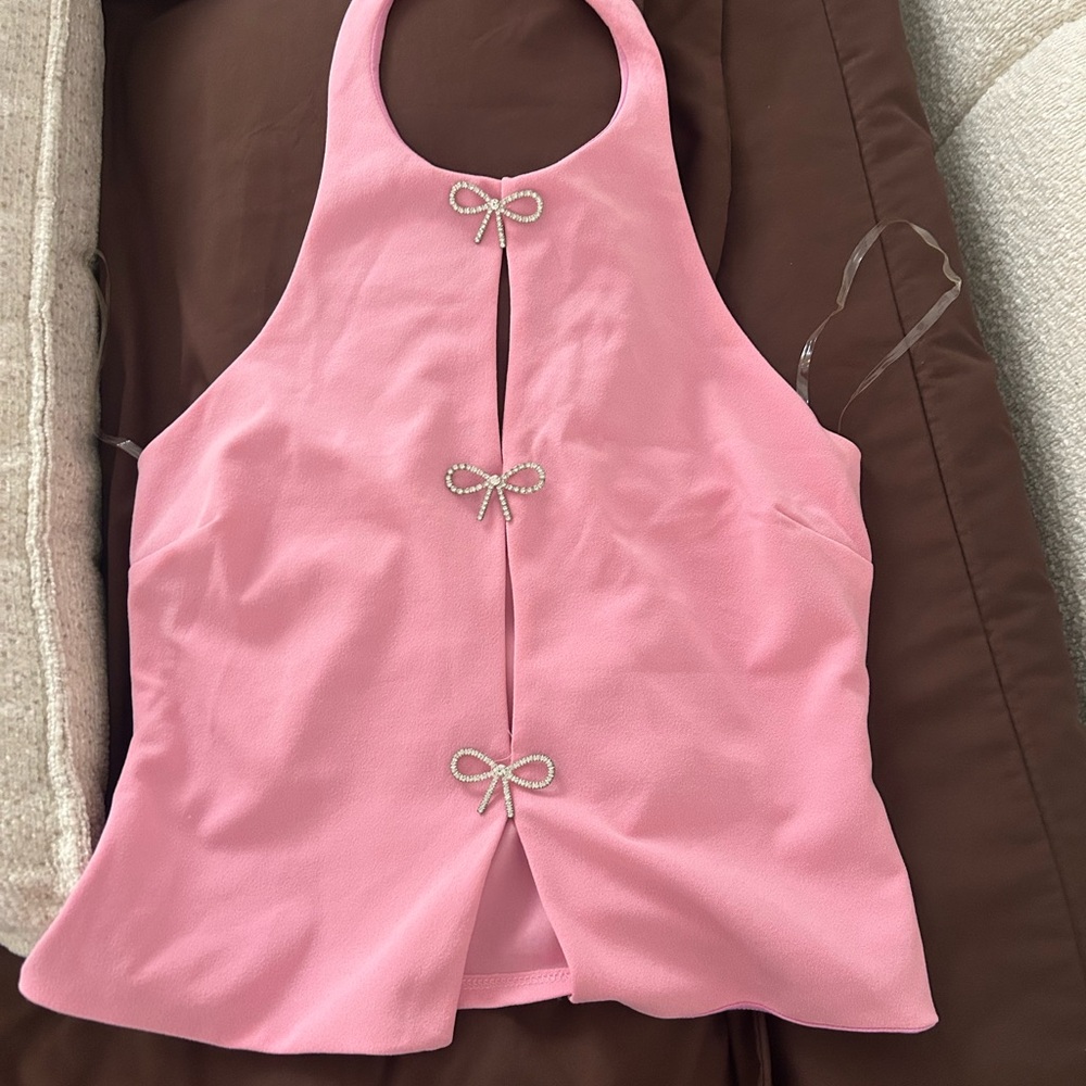 Pink Halter Top with Rhinestone Bow Accents
